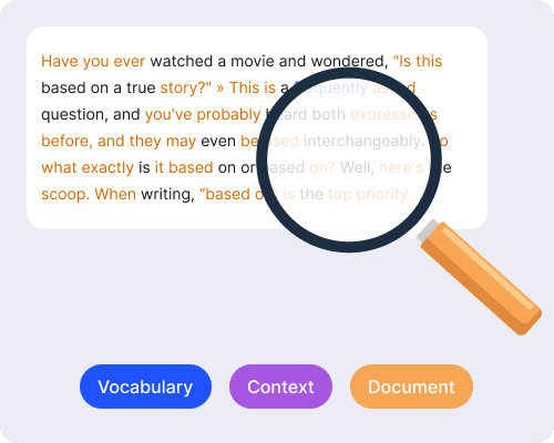 Texto siendo analizado con una lupa y etiquetas para vocabulario, contexto y significado del documento en el proceso de parafraseo de CopyChecker.