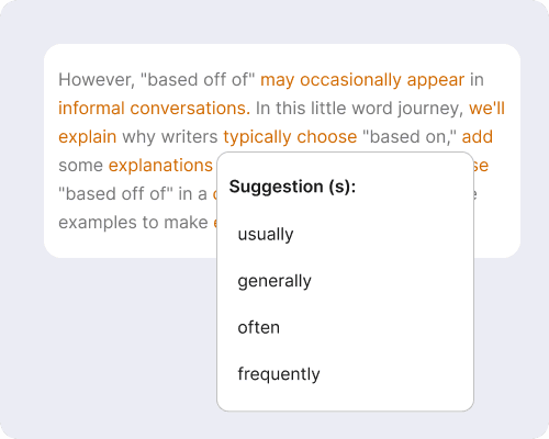 Una lista de palabras alternativas, que muestra cómo la herramienta de CopyChecker reescribe texto en lenguaje natural.