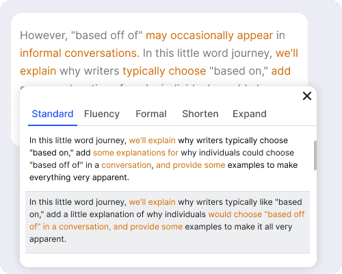 Opciones parafraseadas alternativas con diferentes modos de parafraseo como Estándar, Formal, Acortar, Expandir.