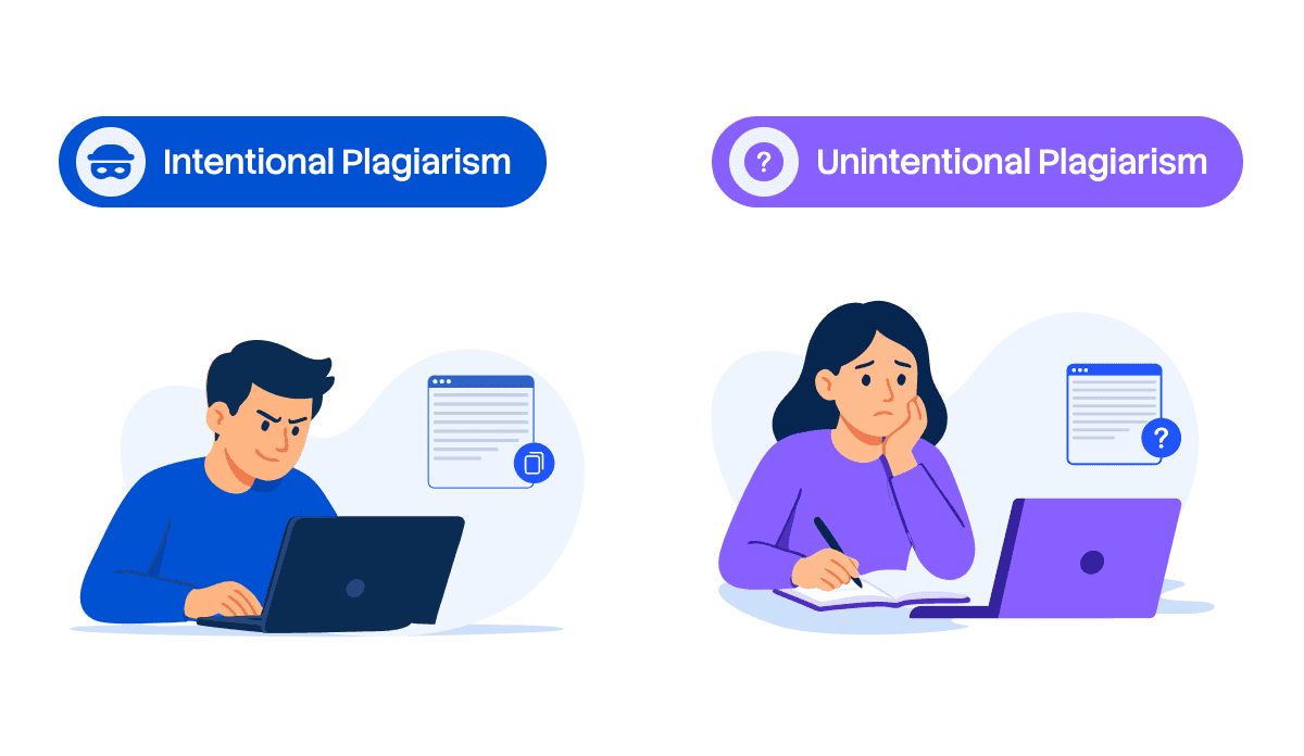Intentional vs unintentional plagiarism comparison showing the difference between deliberate copying and accidental citation mistakes