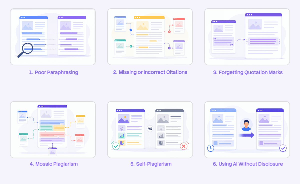 6 types of unintentional plagiarism, including poor paraphrasing, missing citations, quotation mistakes, mosaic plagiarism, self plagiarism, and undisclosed AI use