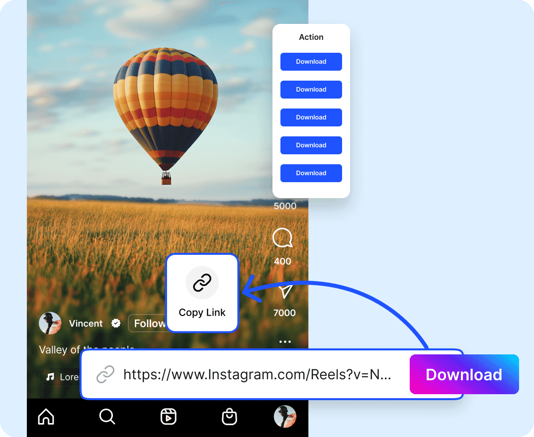 Ilustración que muestra a un usuario descargando videos desde una aplicación.