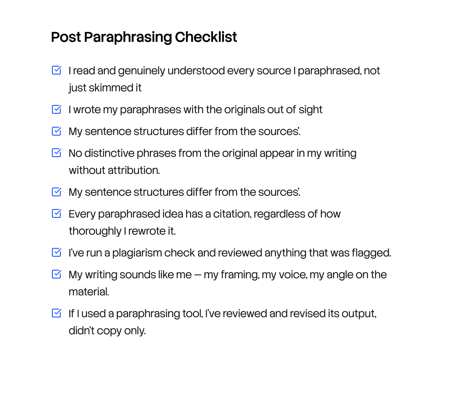 post paraphrasing checklist by copychecker