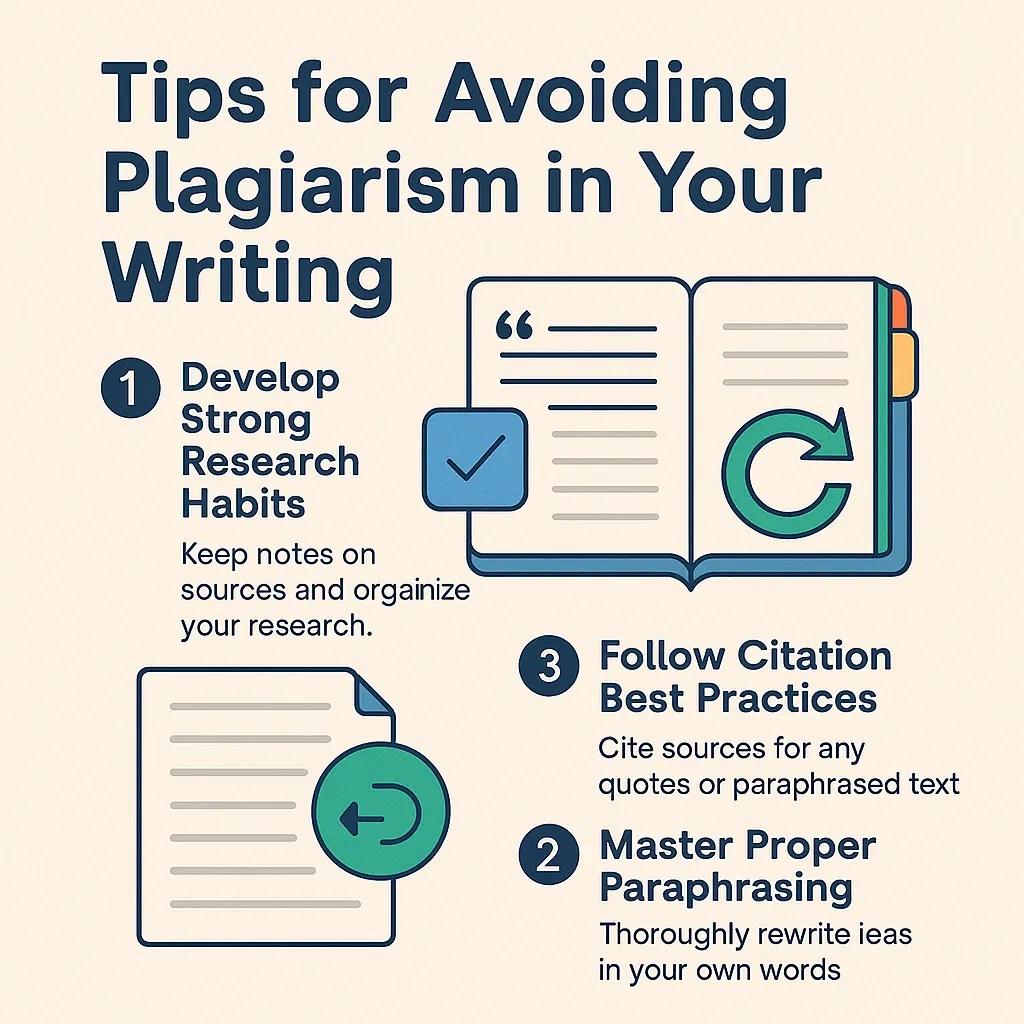 Flat design infographic summarizing tips for avoiding plagiarism in writing, including research habits, paraphrasing methods, and citation best practices in Google Docs.