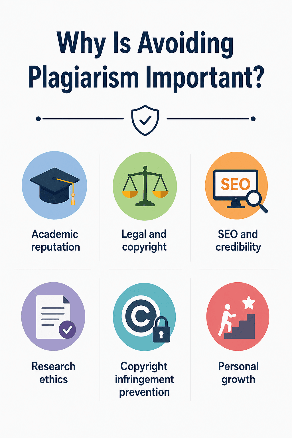 6 key reasons why avoiding plagiarism is important including academic reputation, legal and copyright issues, SEO and credibility, research ethics, copyright protection, and personal growth