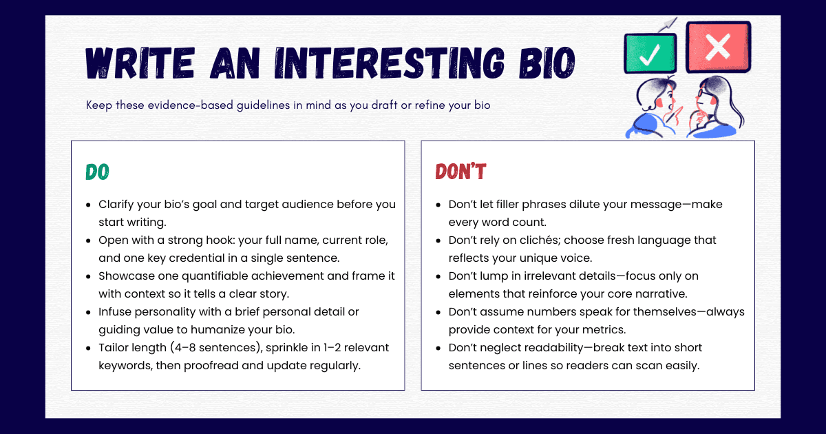 bio writing tips on a dos and donts list