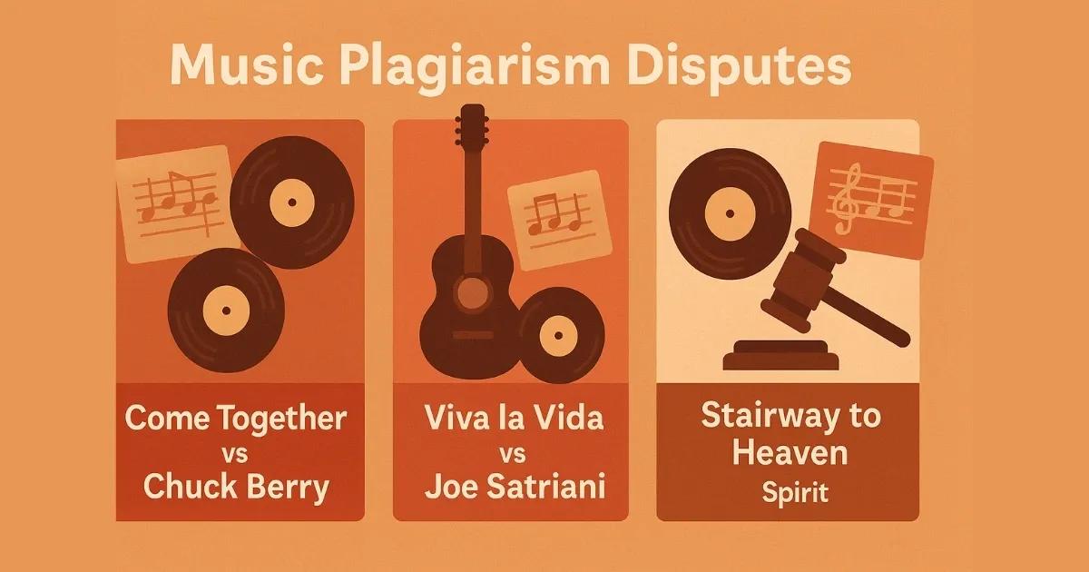 “Music plagiarism disputes: The Beatles’ Come Together vs Chuck Berry, Coldplay’s Viva la Vida vs Joe Satriani, and Led Zeppelin’s Stairway to Heaven vs Spirit.”
