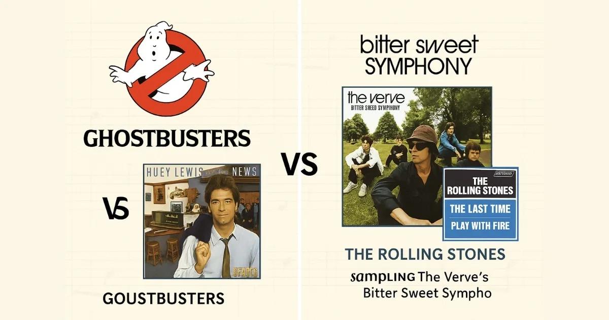 “Music plagiarism cases: Ghostbusters theme vs Huey Lewis and The Verve’s Bitter Sweet Symphony sampling The Rolling Stones’ The Last Time.”