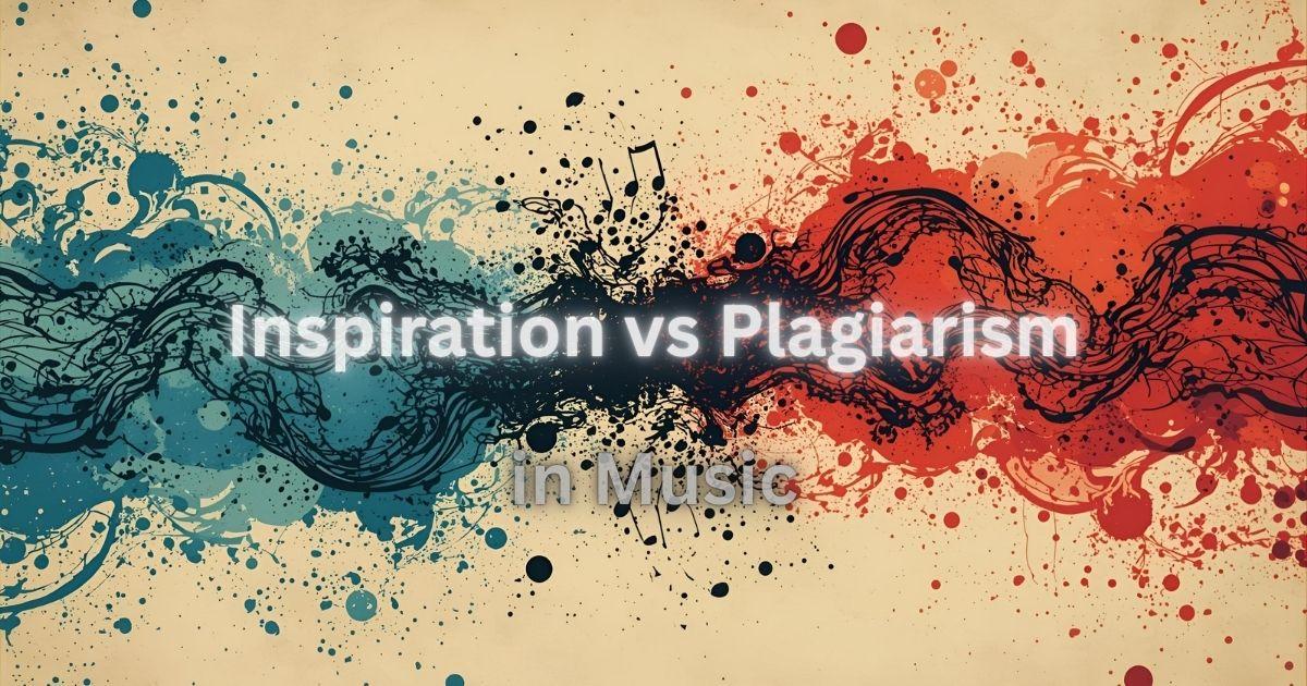 “Abstract illustration showing the grey area between musical inspiration and plagiarism with sheet music, notes, and balance icons.”