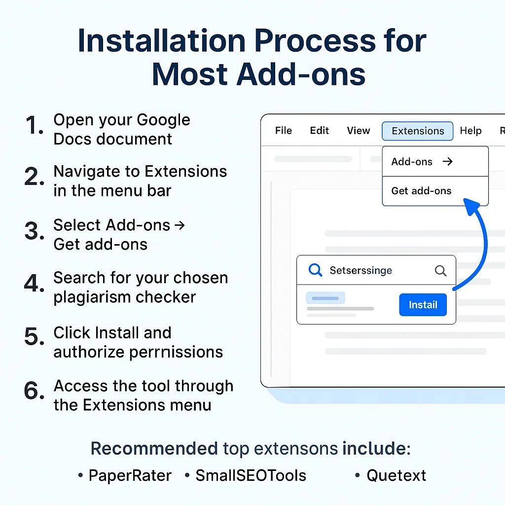 Step-by-step infographic showing how to install plagiarism checker add-ons in Google Docs via Extensions > Add-ons > Get add-ons.