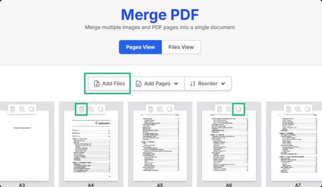 arrange pages in the pages view of the Merge PDF tool