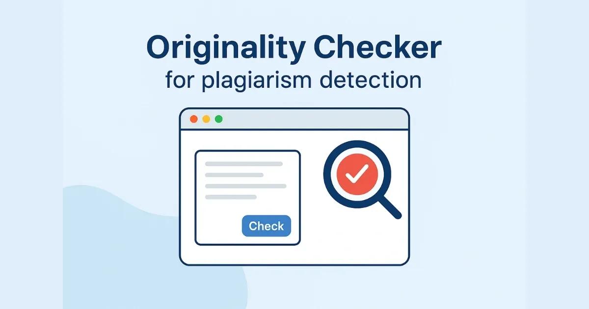 “Abstract illustration of a plagiarism detection tool with laptop screen, text blocks, and magnifying glass symbol.”