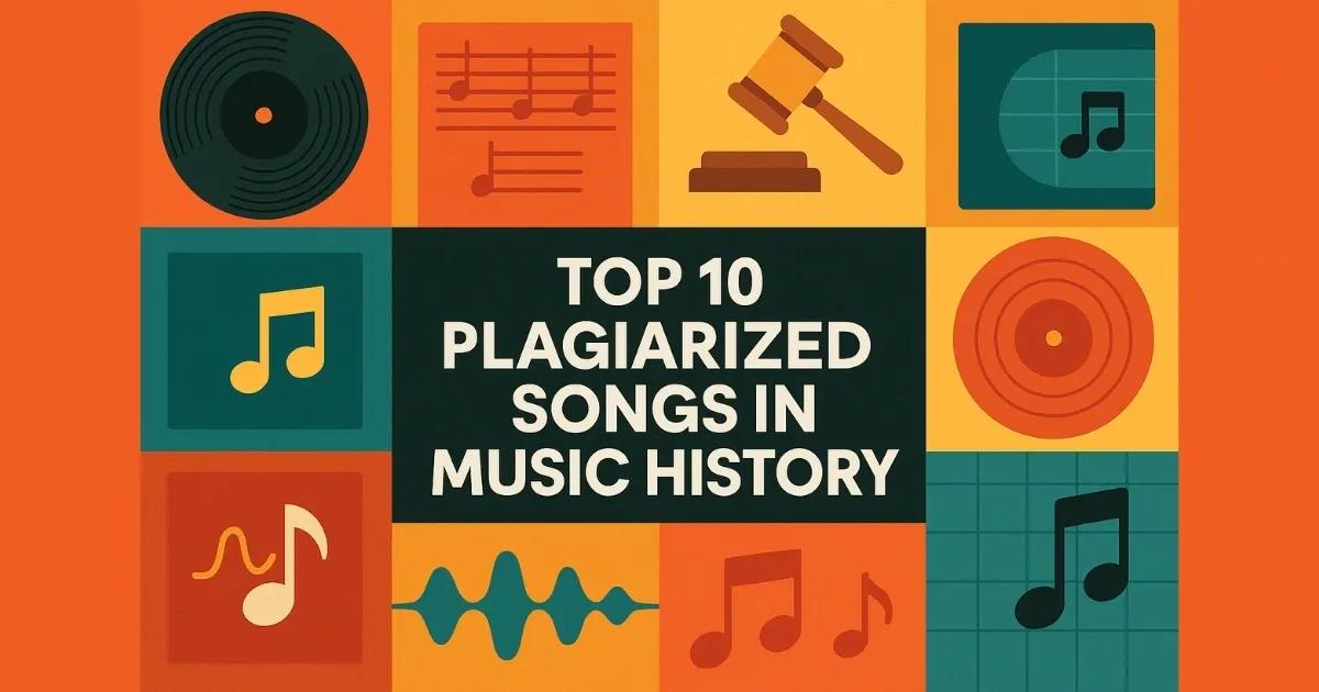 “Hero image for blog on the top 10 plagiarized songs in music history, showing abstract album covers, vinyl records, sheet music, and a gavel to symbolize lawsuits.”