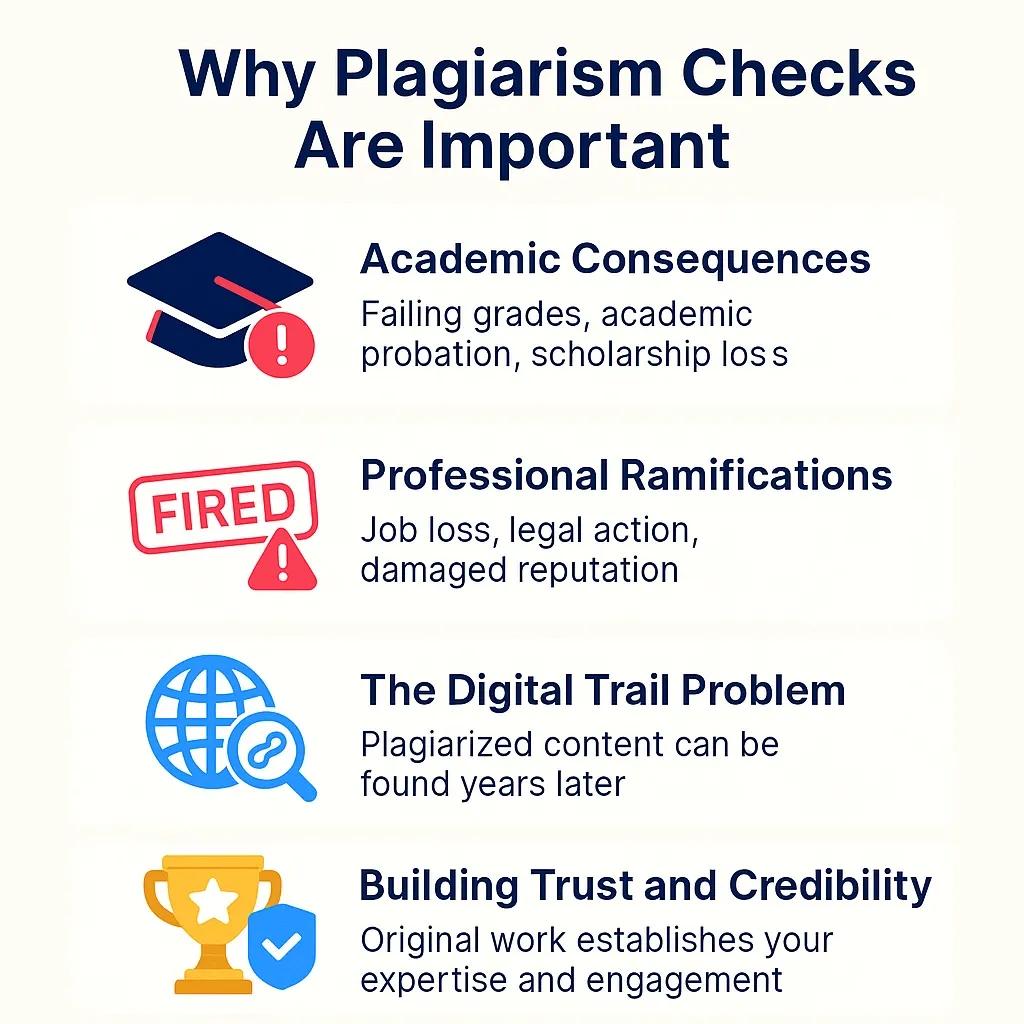 Infographic summarizing why plagiarism checks are important, highlighting academic consequences, professional risks, digital trail issues, and the benefits of building trust and credibility through original writing.